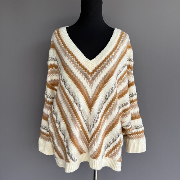 Anthropologie Luna Shimmer striped v neck sweater - brown - cream - size M/L - Picture 1 of 11
